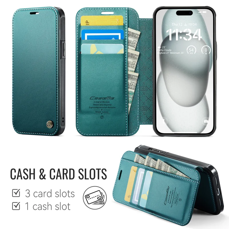 CASEME for iPhone 15 Case 053 Magnetic RFID Blocking Wallet Flip Leather Phone Cover - Blue Green - 2