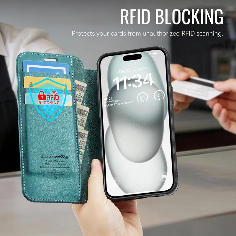 CASEME for iPhone 15 Case 053 Magnetic RFID Blocking Wallet Flip Leather Phone Cover - Blue Green - 5