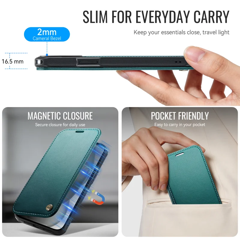 CASEME for iPhone 15 Case 053 Magnetic RFID Blocking Wallet Flip Leather Phone Cover - Blue Green - 8
