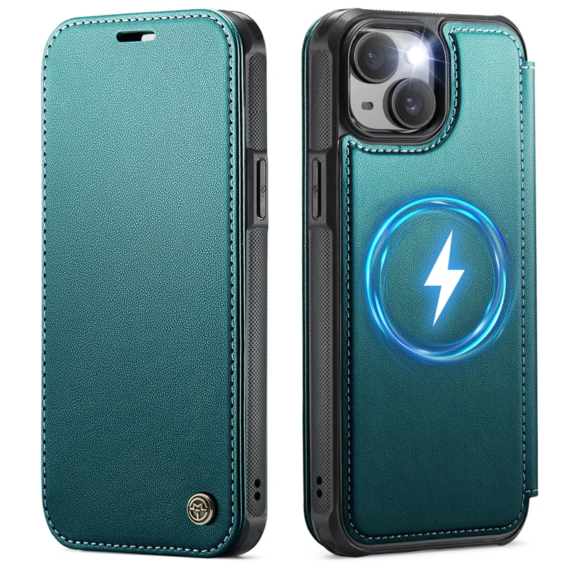 CASEME for iPhone 14 Plus / iPhone 15 Plus Case 053 Magnetic RFID Blocking Wallet Flip Leather Phone Cover - Blue Green - 1