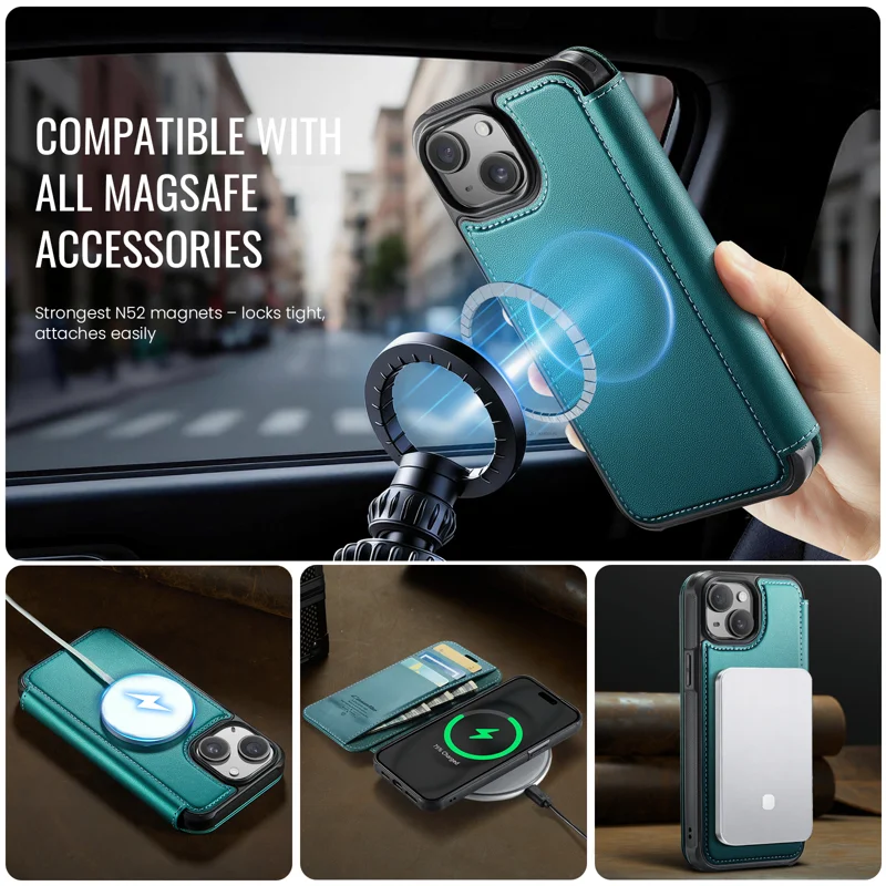 CASEME for iPhone 14 Plus / iPhone 15 Plus Case 053 Magnetic RFID Blocking Wallet Flip Leather Phone Cover - Blue Green - 3