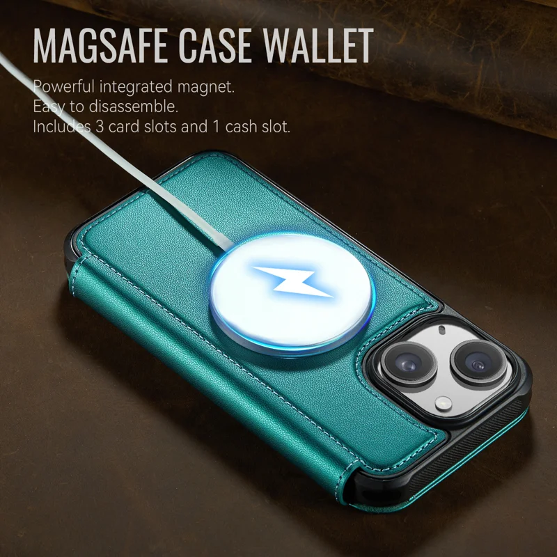 CASEME for iPhone 14 Plus / iPhone 15 Plus Case 053 Magnetic RFID Blocking Wallet Flip Leather Phone Cover - Blue Green - 4