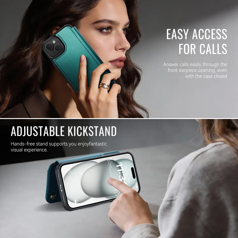 CASEME for iPhone 14 Plus / iPhone 15 Plus Case 053 Magnetic RFID Blocking Wallet Flip Leather Phone Cover - Blue Green - 6