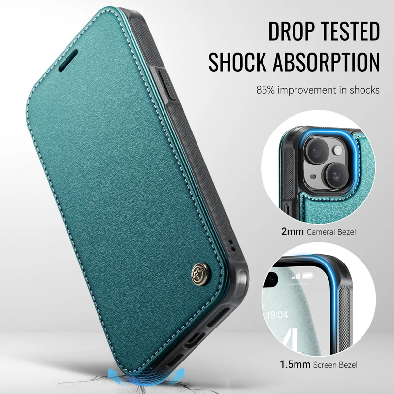 CASEME for iPhone 14 Plus / iPhone 15 Plus Case 053 Magnetic RFID Blocking Wallet Flip Leather Phone Cover - Blue Green - 7