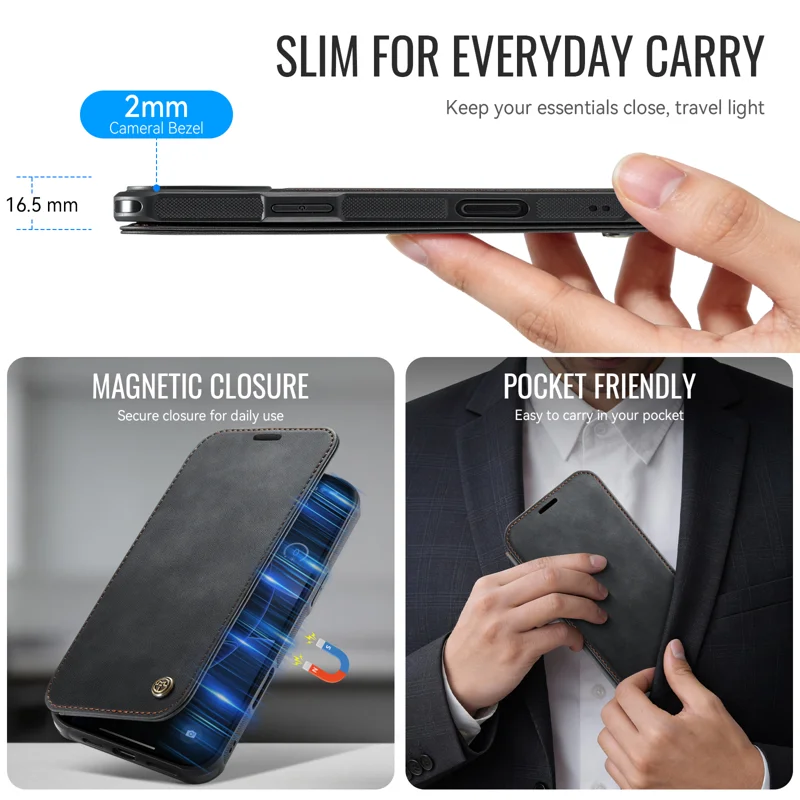 CASEME for iPhone 16 Pro Max Case 053 Magnetic RFID Blocking Wallet Flip Leather Phone Cover - Black - 8