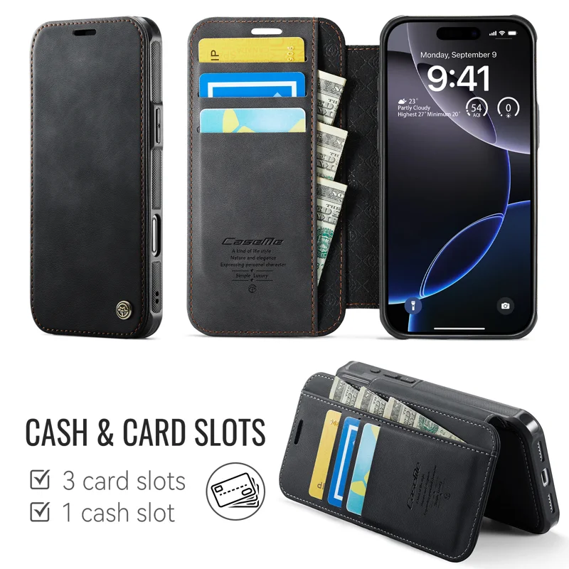 CASEME for iPhone 16 Pro Case 053 Magnetic RFID Blocking Wallet Flip Leather Phone Cover - Black - 2