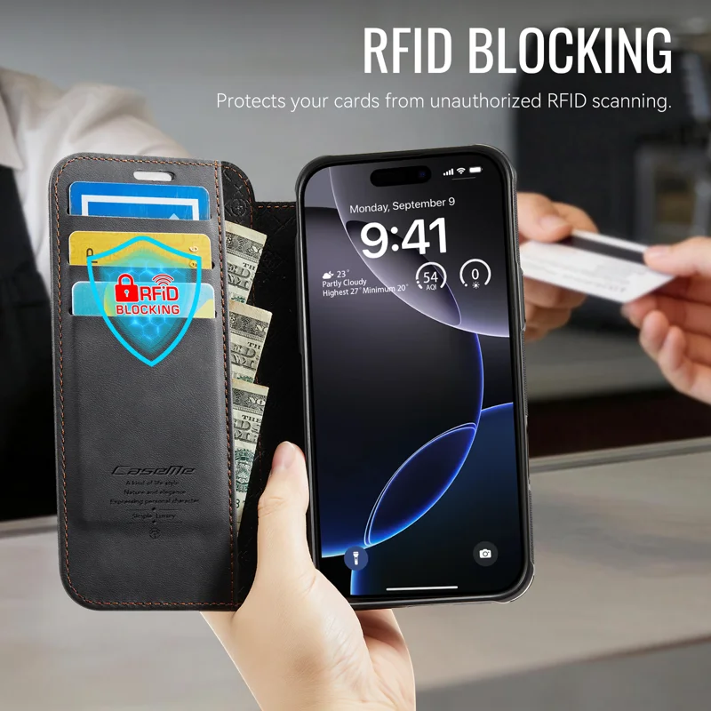 CASEME for iPhone 16 Pro Case 053 Magnetic RFID Blocking Wallet Flip Leather Phone Cover - Black - 5