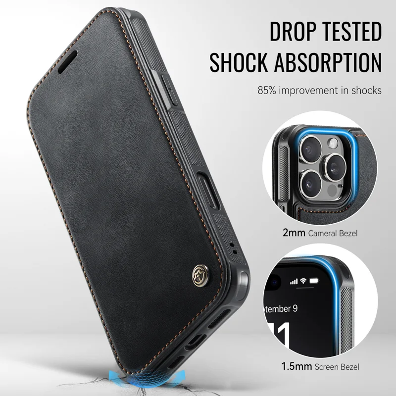 CASEME for iPhone 16 Pro Case 053 Magnetic RFID Blocking Wallet Flip Leather Phone Cover - Black - 7