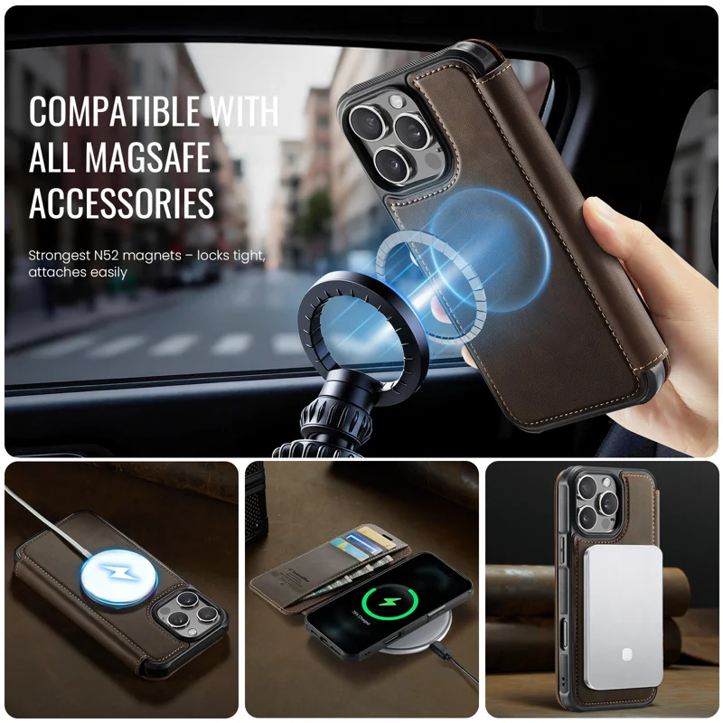 CASEME for iPhone 15 Pro Max Case 053 Magnetic RFID Blocking Wallet Flip Leather Phone Cover - Coffee - 3
