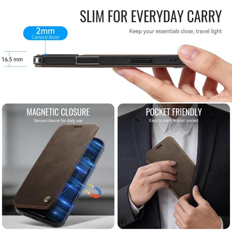 CASEME for iPhone 15 Pro Max Case 053 Magnetic RFID Blocking Wallet Flip Leather Phone Cover - Coffee - 8