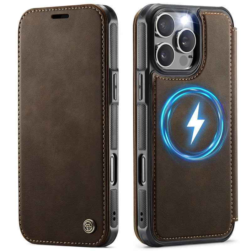 CASEME for iPhone 15 Pro Case 053 Magnetic RFID Blocking Wallet Flip Leather Phone Cover - Coffee - 1