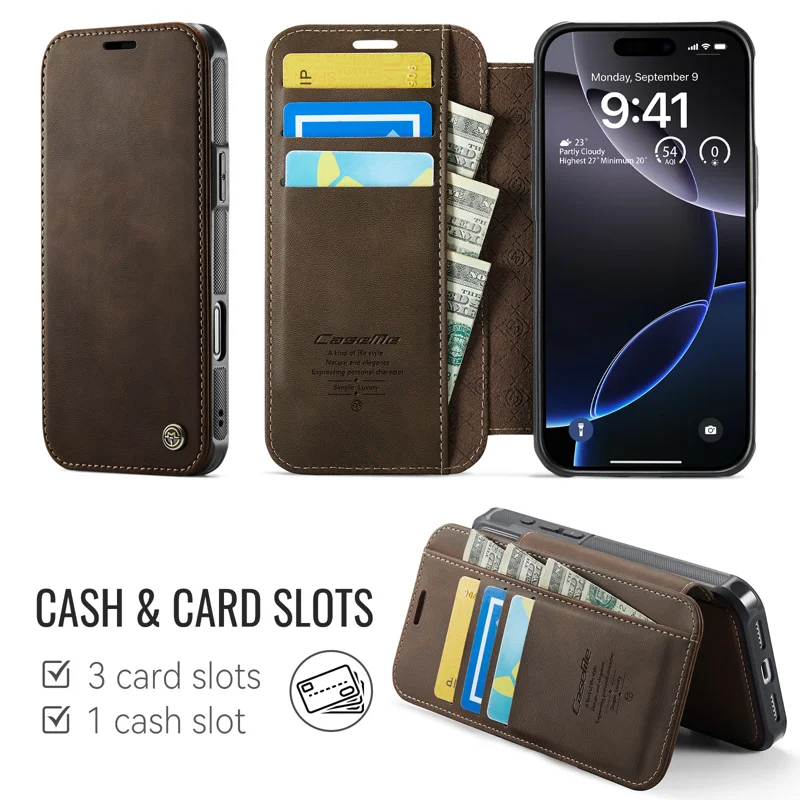 CASEME for iPhone 15 Pro Case 053 Magnetic RFID Blocking Wallet Flip Leather Phone Cover - Coffee - 2
