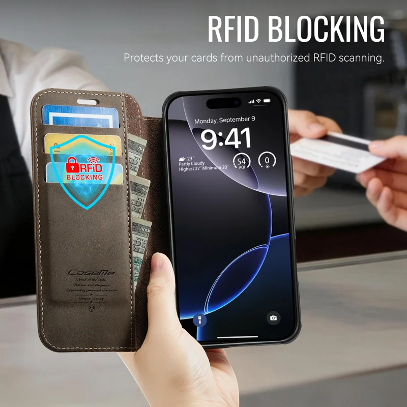 CASEME for iPhone 15 Pro Case 053 Magnetic RFID Blocking Wallet Flip Leather Phone Cover - Coffee - 5