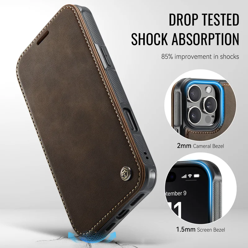 CASEME for iPhone 15 Pro Case 053 Magnetic RFID Blocking Wallet Flip Leather Phone Cover - Coffee - 7