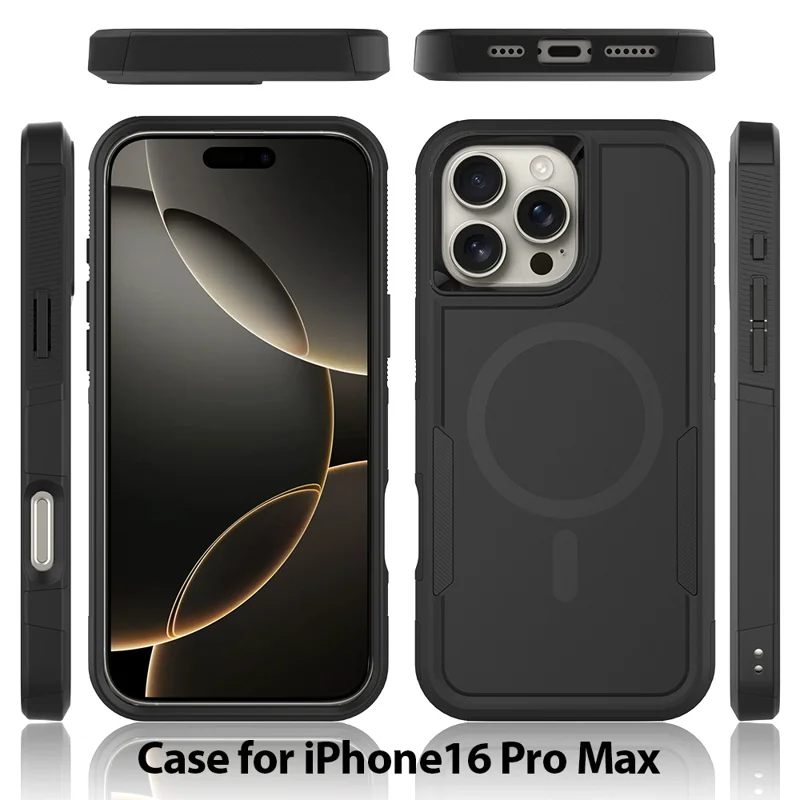 For iPhone 16 Pro Max Magnetic Case Dual Layer PC TPU Shockproof Phone Cover - Black - 2