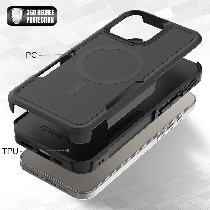 For iPhone 16 Pro Magnetic Case Dual Layer PC TPU Shockproof Phone Cover - Black - 5
