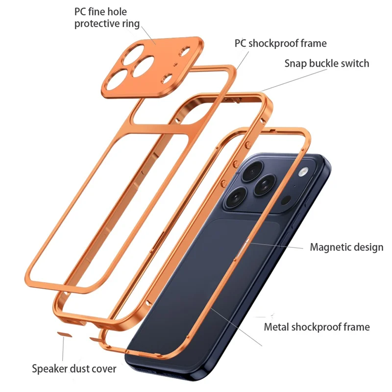 For iPhone 18 Pro Max Metal Frame Case Magnetic Snap On Frame PC Hollow Back Heat Dissipation Shockproof Cover - Titanium Orange - 2