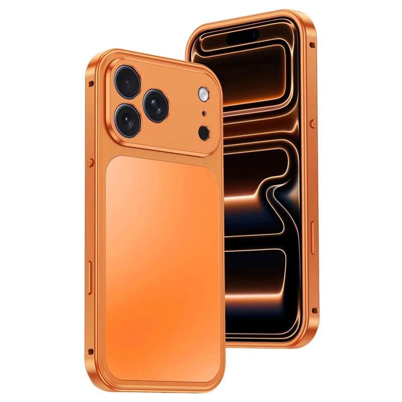 For iPhone 18 Pro Max Magnetic Case Metal Frame PC Back Phone Cover with Pop-Up Buckle - Orange - 1