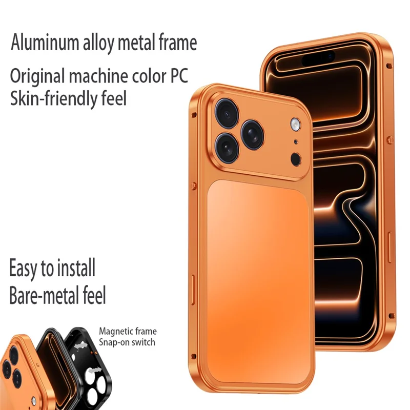 For iPhone 18 Pro Max Magnetic Case Metal Frame PC Back Phone Cover with Pop-Up Buckle - Orange - 2