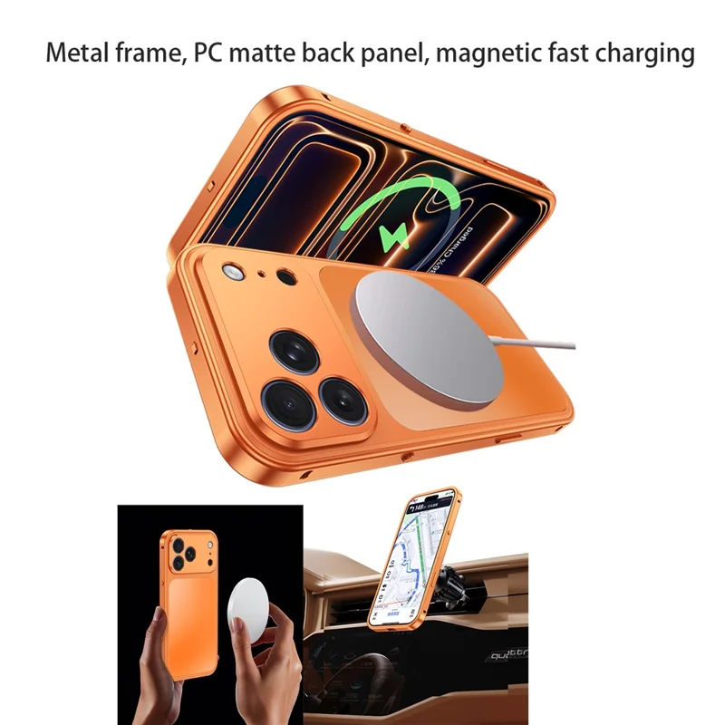 For iPhone 18 Pro Max Magnetic Case Metal Frame PC Back Phone Cover with Pop-Up Buckle - Orange - 3