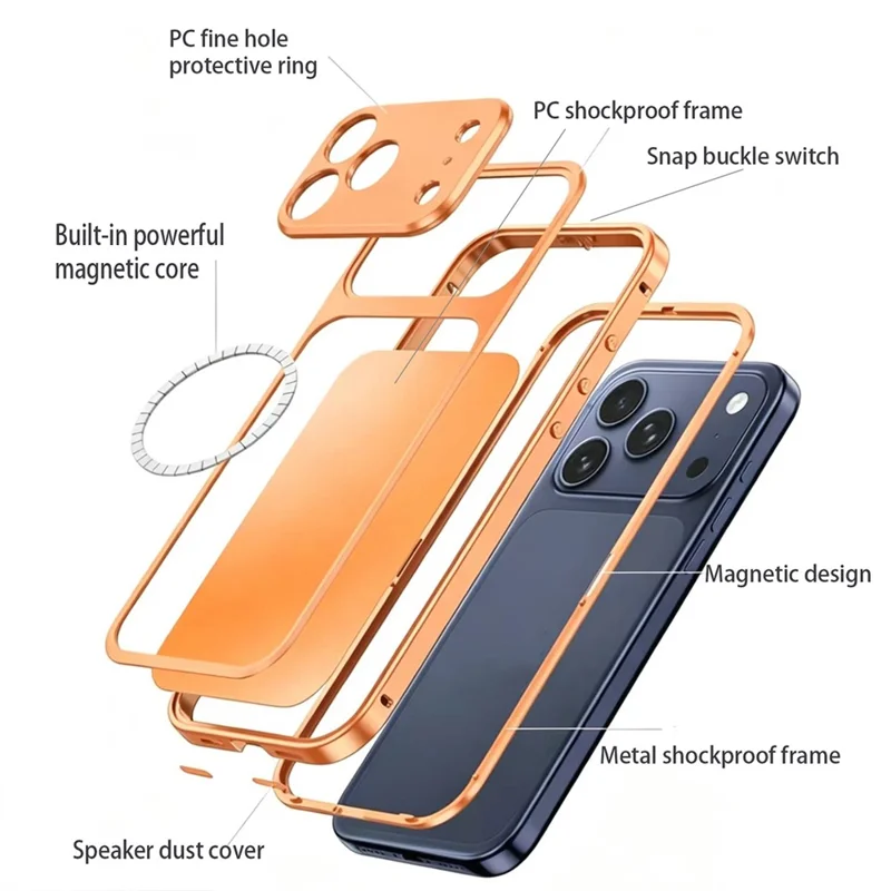For iPhone 18 Pro Max Magnetic Case Metal Frame PC Back Phone Cover with Pop-Up Buckle - Orange - 4