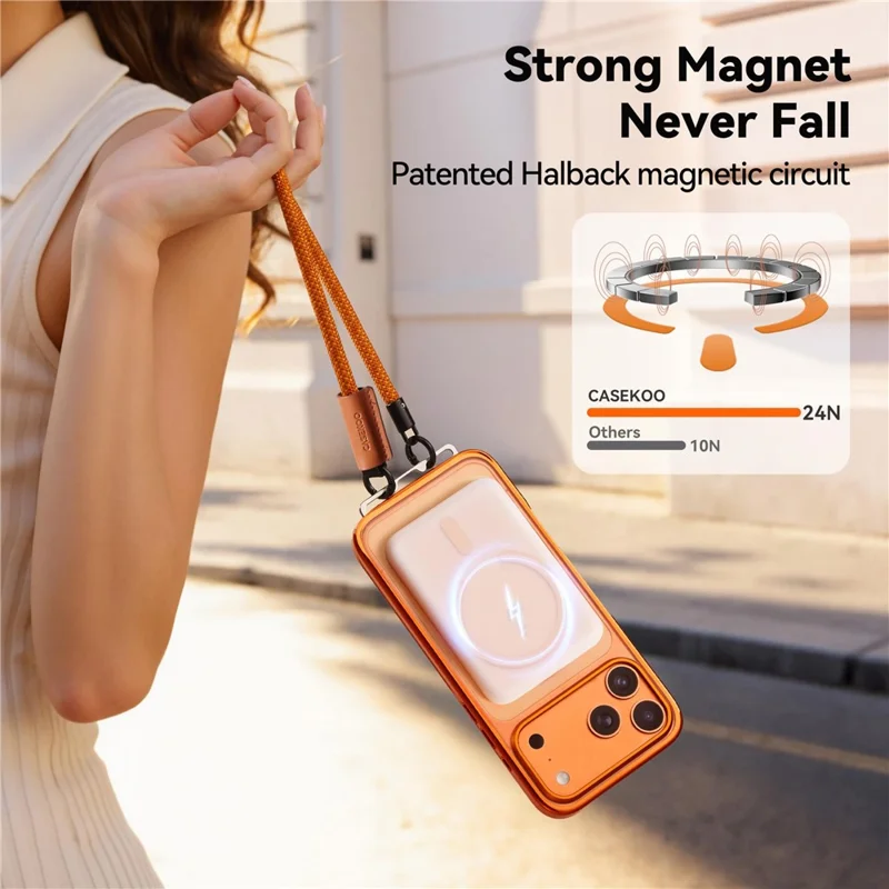 CASEKOO for iPhone 18 Pro / 17 Pro Magnetic Case Hidden Buckle PC + TPU Shockproof Protective Cover with Strap - Orange - 4