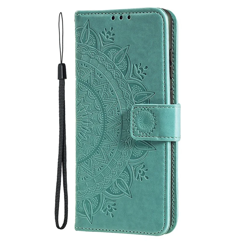 For iPhone 15 Plus Mandala Flower Imprint Protective Case PU Leather Wallet Stand Phone Cover with Strap - Green - 5