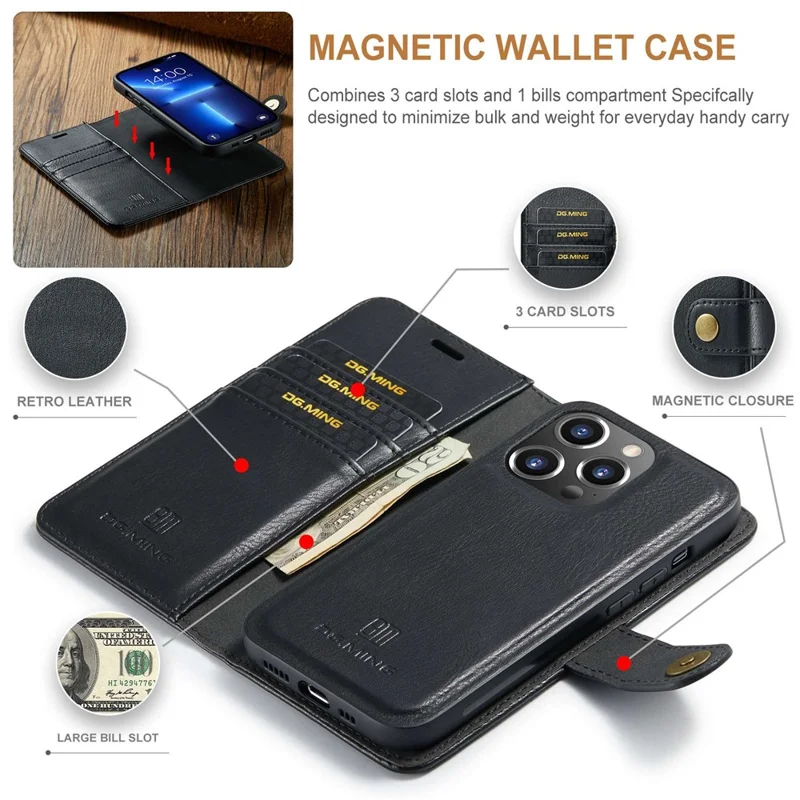 DG.MING For iPhone 15 Pro Phone Case Shockproof Split Leather Detachable Magnetic Phone Shell Wallet Stand Cover - Black - 5