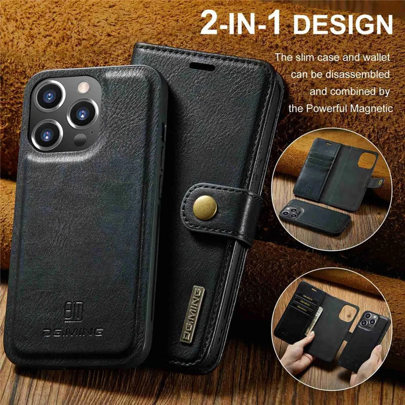 DG.MING For iPhone 15 Pro Phone Case Shockproof Split Leather Detachable Magnetic Phone Shell Wallet Stand Cover - Black - 6