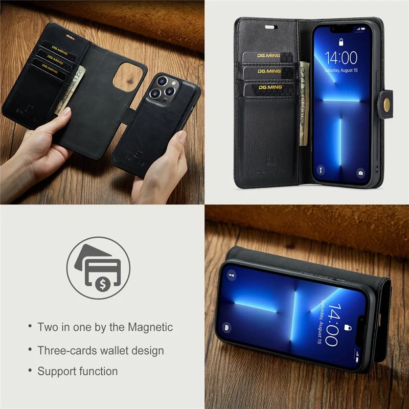 DG.MING For iPhone 15 Pro Phone Case Shockproof Split Leather Detachable Magnetic Phone Shell Wallet Stand Cover - Black - 8