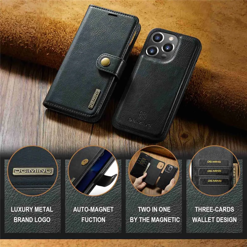 DG.MING For iPhone 15 Pro Max Detachable Magnetic Phone Case Drop Proof Split Leather Wallet Stand Cover - Black - 4