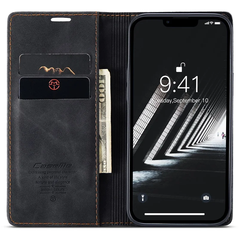 CASEME 013 Series For iPhone 15 Pro Leather Wallet Phone Case Folding Stand Anti-scratch Cover - Black - 2