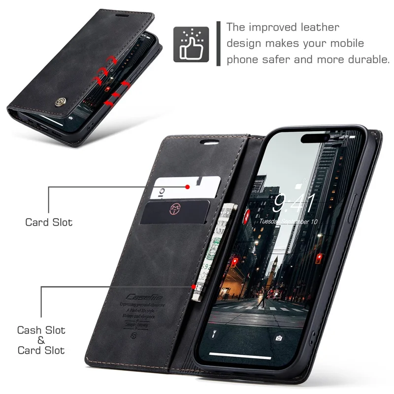 CASEME 013 Series For iPhone 15 Pro Leather Wallet Phone Case Folding Stand Anti-scratch Cover - Black - 5