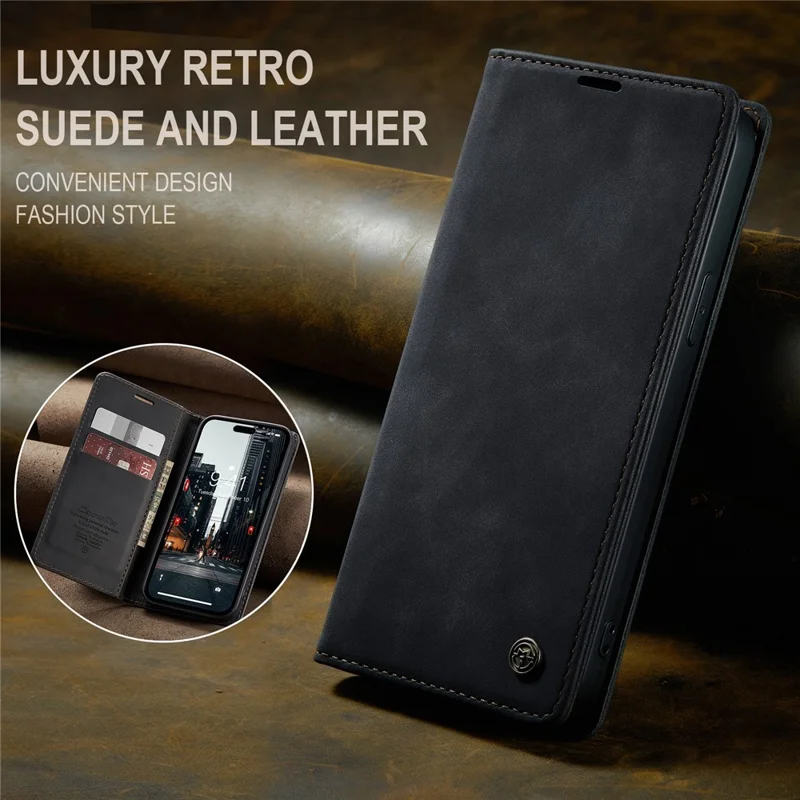 CASEME 013 Series For iPhone 15 Pro Leather Wallet Phone Case Folding Stand Anti-scratch Cover - Black - 7