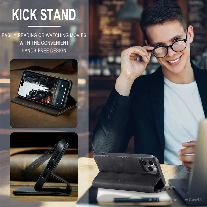 CASEME 013 Series For iPhone 15 Pro Leather Wallet Phone Case Folding Stand Anti-scratch Cover - Black - 8
