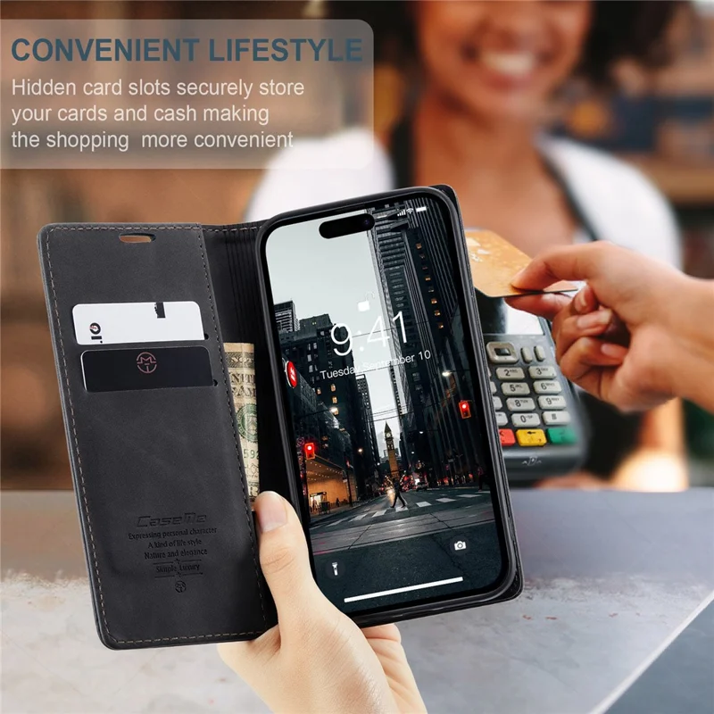 CASEME 013 Series For iPhone 15 Pro Max Leather Wallet Stand Phone Case Magnetic Closing Cover - Black - 10