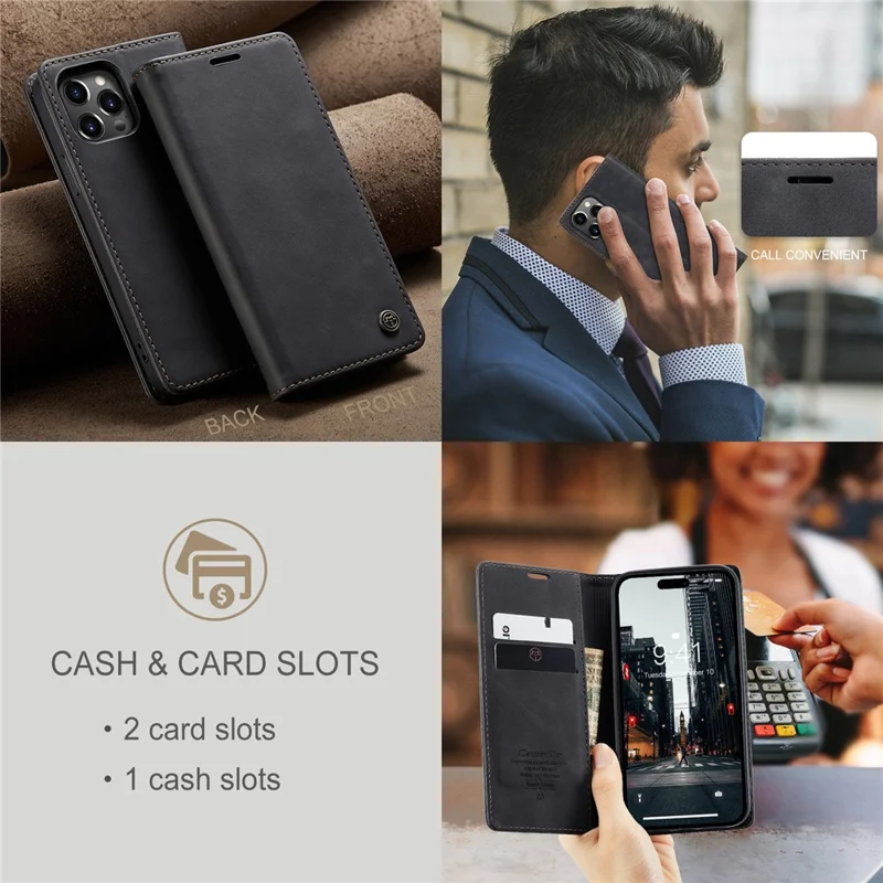 CASEME 013 Series For iPhone 15 Pro Max Leather Wallet Stand Phone Case Magnetic Closing Cover - Black - 11