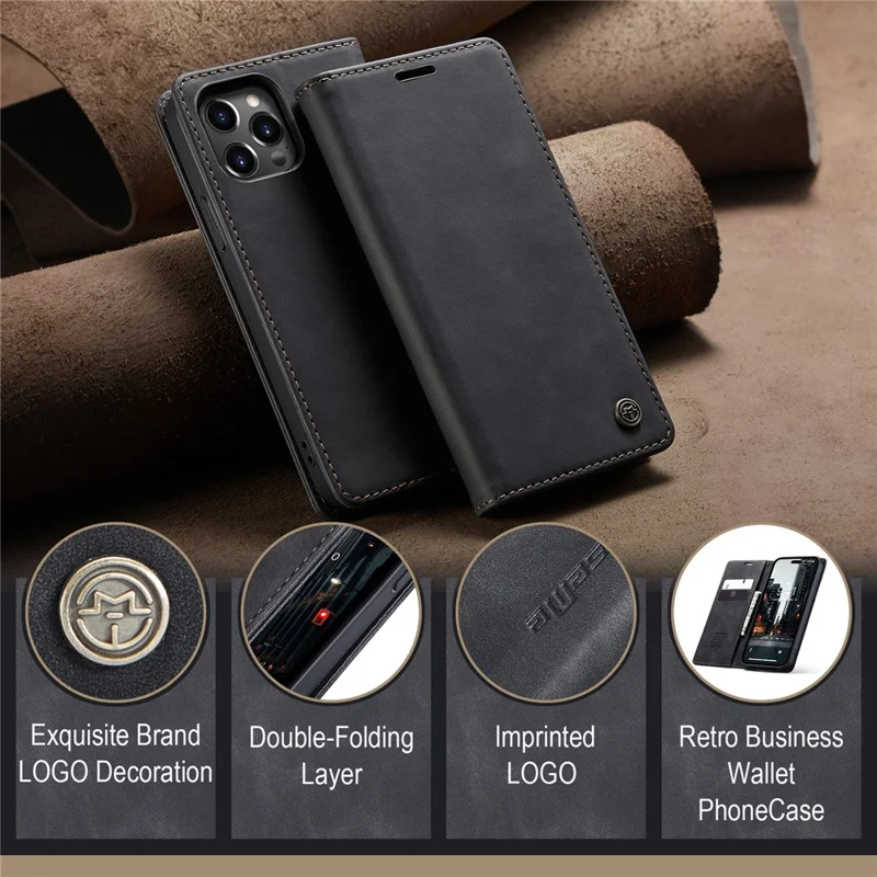 CASEME 013 Series For iPhone 15 Pro Max Leather Wallet Stand Phone Case Magnetic Closing Cover - Black - 12