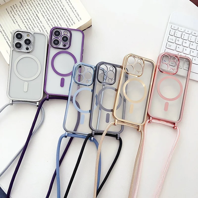 For iPhone 15 Pro Max Case Compatible with MagSafe TPU Phone Protector with Long Lanyard - Rose Gold - 6