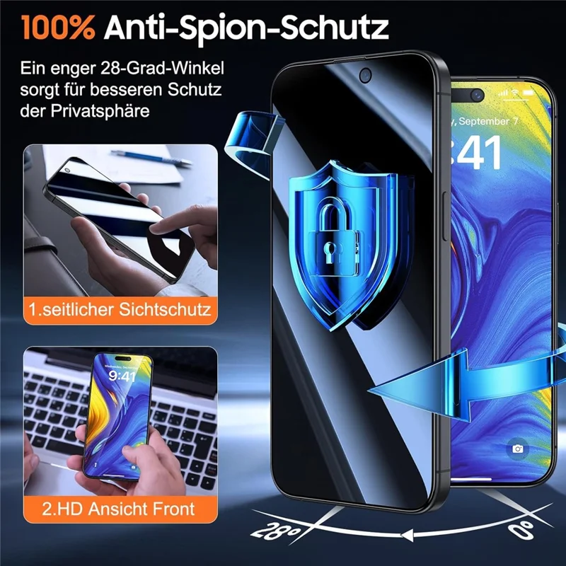 2Pcs For iPhone 15 Pro Anti Spy High Aluminium Silicon Glass Screen Protector with Dust Removal Tool - 9