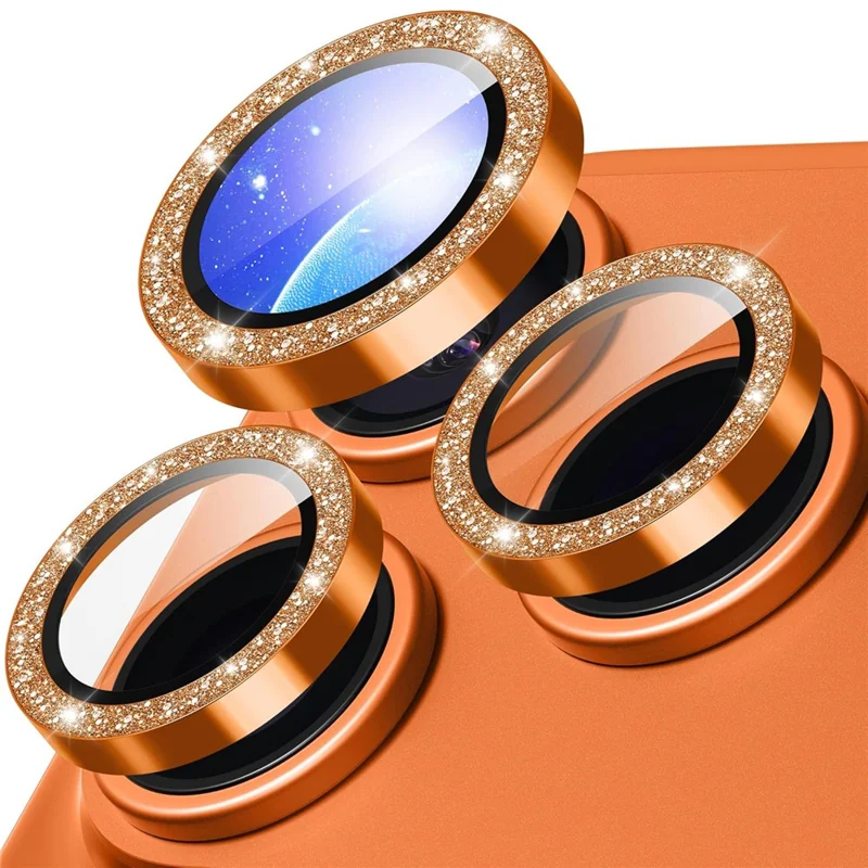For iPhone 18 Pro Glitter Camera Lens Film Metal Ring+Tempered Glass Phone Lens Protector - Orange - 1