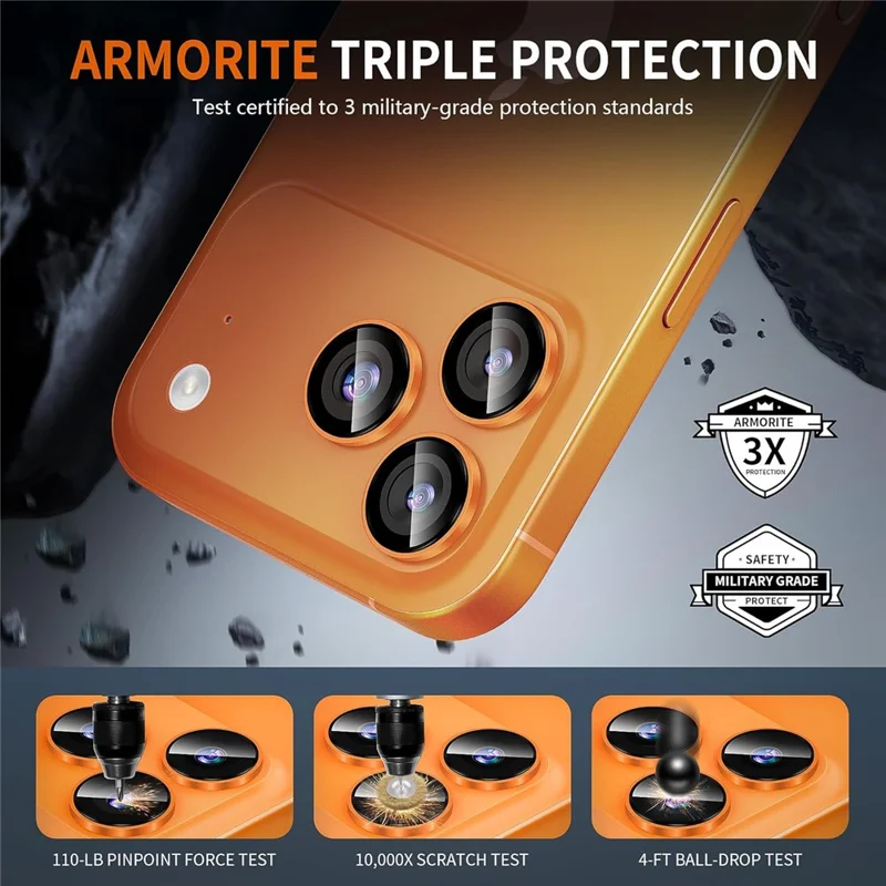 For iPhone 18 Pro Max 1Set Camera Lens Film Tempered Glass CD Vein Metal Ring Rear Lens Protector - Orange - 6