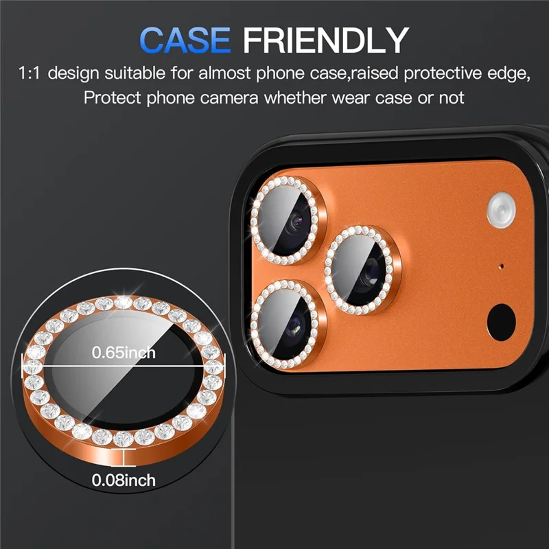 1Set For iPhone 18 Pro Max Camera Lens Protector Tempered Glass + Metal Ring Rhinestone Lens Film - Orange - 2