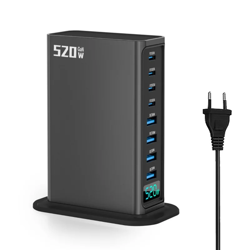 520W GaN Charger Type-C + USB-A 8 Ports Digital Display Desktop Fast Charging Station for Laptop Phone - Gunmetal / EU Plug - 1