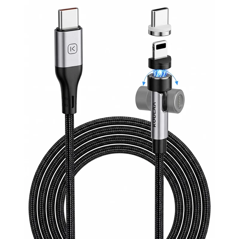 KUULAA KL-X95 1m 2-in-1 240W Magnetic Charging Cable Rotating USB-C / iP (5-14) Braided Cord for iPhone - Black - 1
